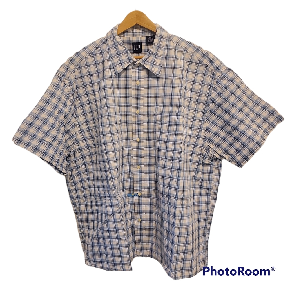 GAP Blue & Off White Plaid Short Sleeve Button-Down Shirt Size XXL